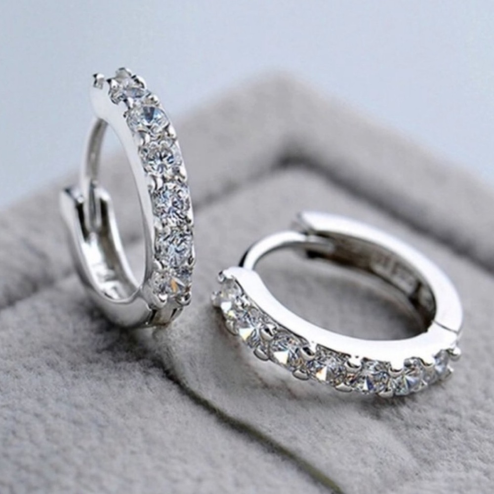 NEW 925 STERLING SILVER DIAMOND HOOP EARRINGS